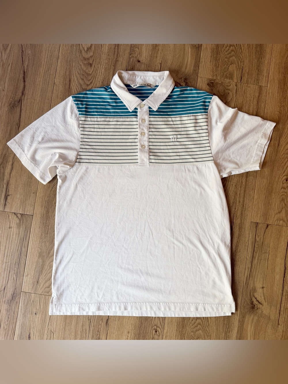 TravisMathew Polo Men's L Blue White Striped Pima Cotton Golf